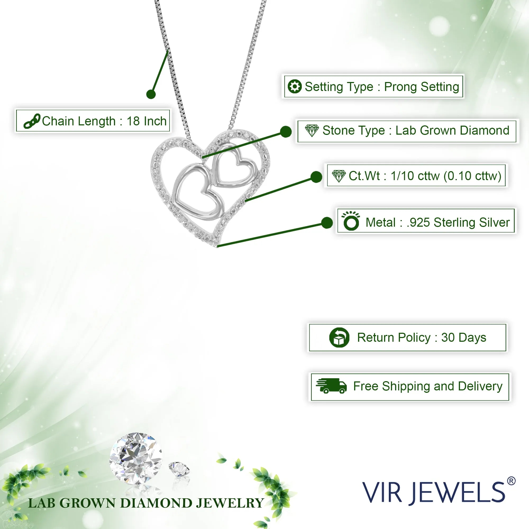 1/10 cttw Lab Grown Diamond Heart Pendant Necklace .925 Sterling Silver 2/3 Inch With 18 Inch Chain