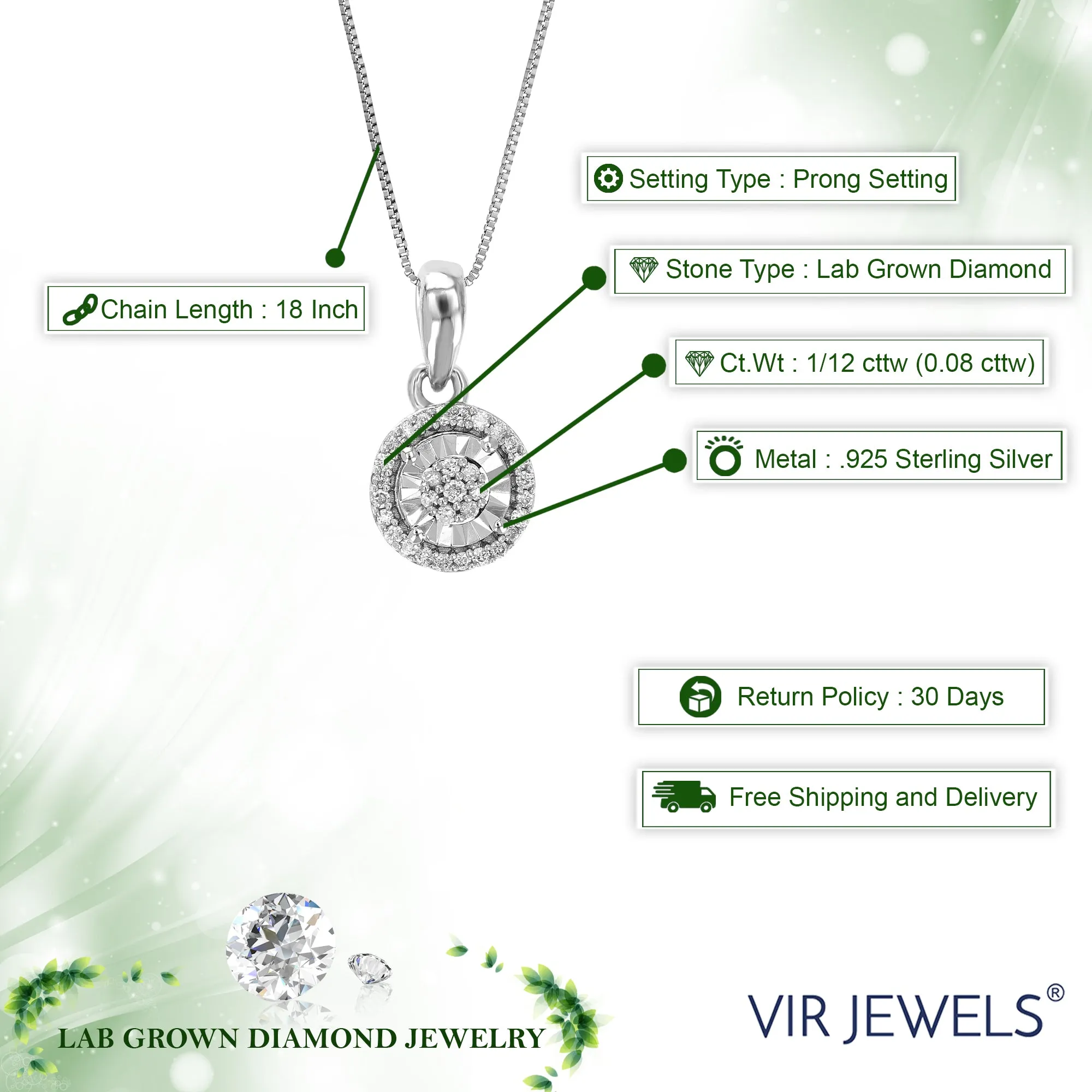 1/12 cttw Lab Grown Diamond Starburst Pendant Necklace .925 Sterling Silver 1/4 Inch with 18 Inch Chain, Size 1/2 Inch