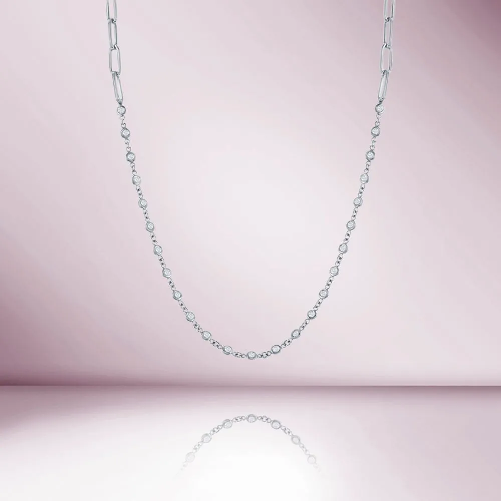 26 Stone Diamond by the Yard Station Necklace and Half Paper Clip Chain (1.03 ct.) Bezel Set in 14K Gold