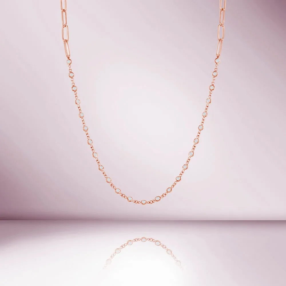 26 Stone Diamond by the Yard Station Necklace and Half Paper Clip Chain (1.03 ct.) Bezel Set in 14K Gold