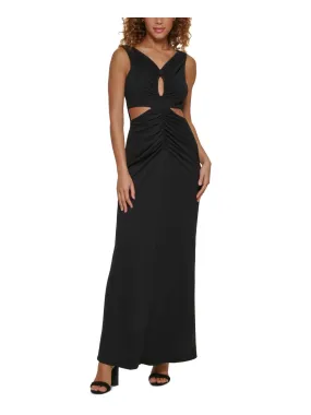 CALVIN KLEIN Womens Black Zippered Ruched Cut Outs Lined Sleeveless V Neck Full-Length Formal Gown Dress