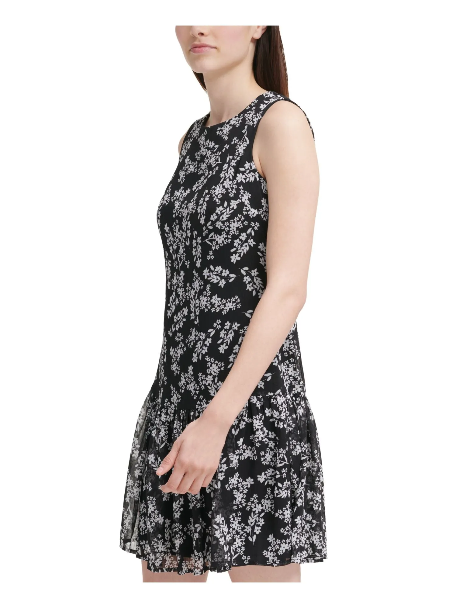 CALVIN KLEIN Womens Black Zippered Ruffled Chiffon Lined Floral Sleeveless Round Neck Short Evening Fit   Flare Dress