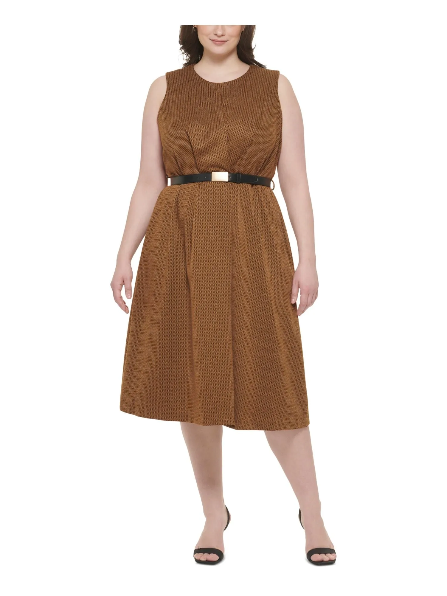 CALVIN KLEIN Womens Brown Zippered Belted Herringbone Sleeveless Round Neck Midi Wear To Work Shift Dress