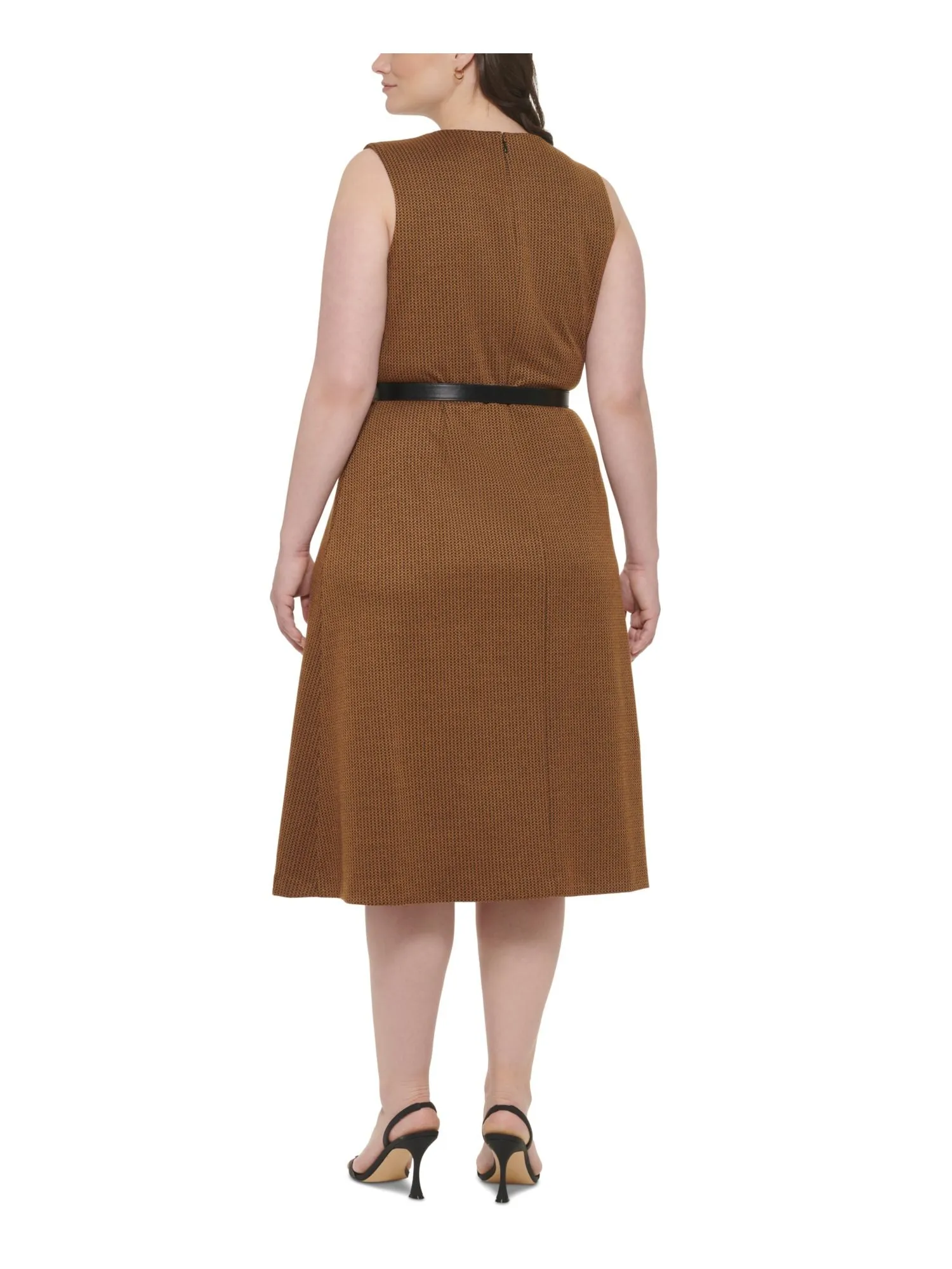 CALVIN KLEIN Womens Brown Zippered Belted Herringbone Sleeveless Round Neck Midi Wear To Work Shift Dress