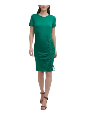 CALVIN KLEIN Womens Green Stretch Ruched Tie Pullover Styling Short Sleeve Round Neck Short Evening Sheath Dress