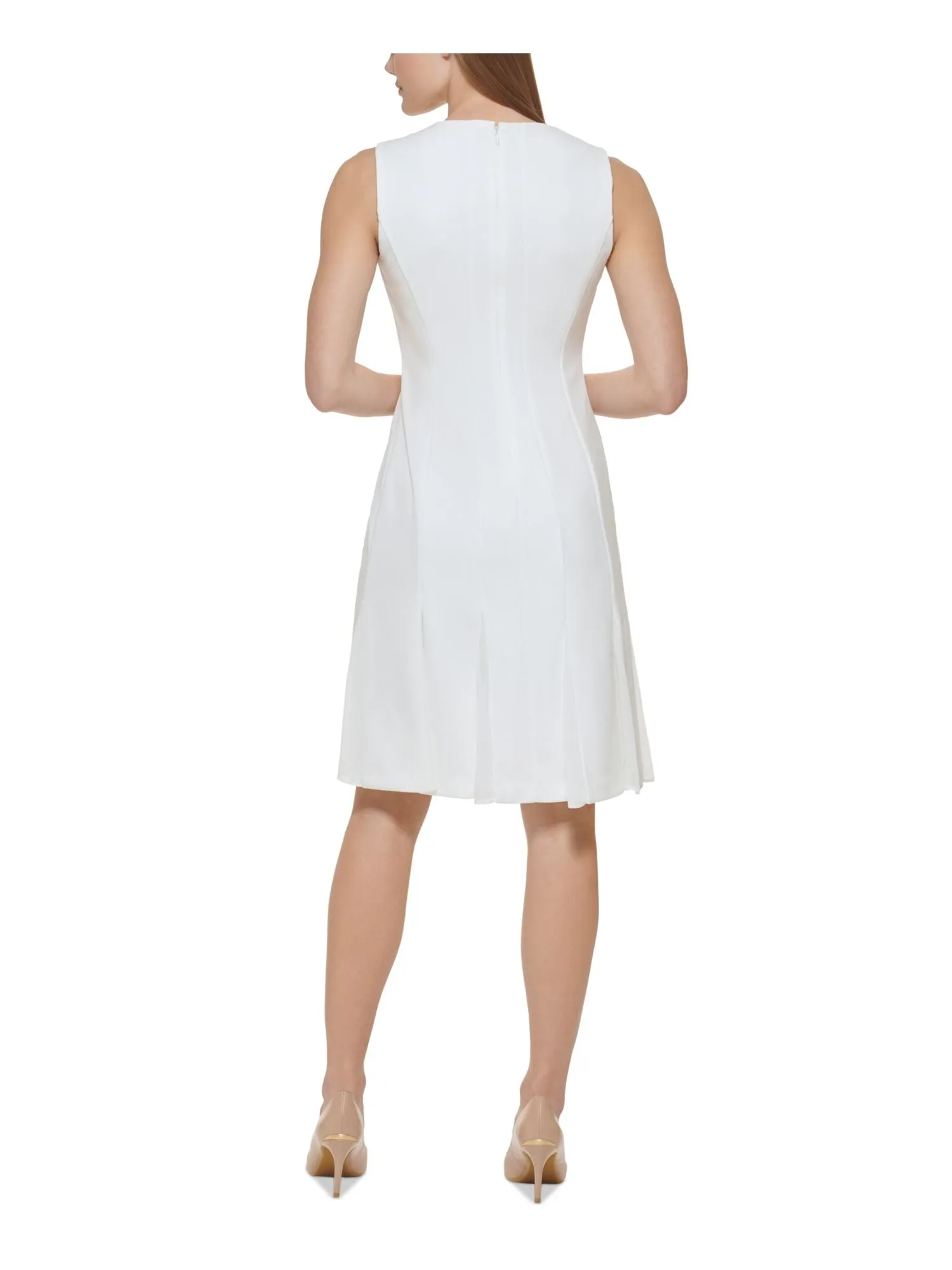 CALVIN KLEIN Womens Ivory Zippered Chiffon Godet Skirt Insets Lined Sleeveless Round Neck Above The Knee Sheath Dress