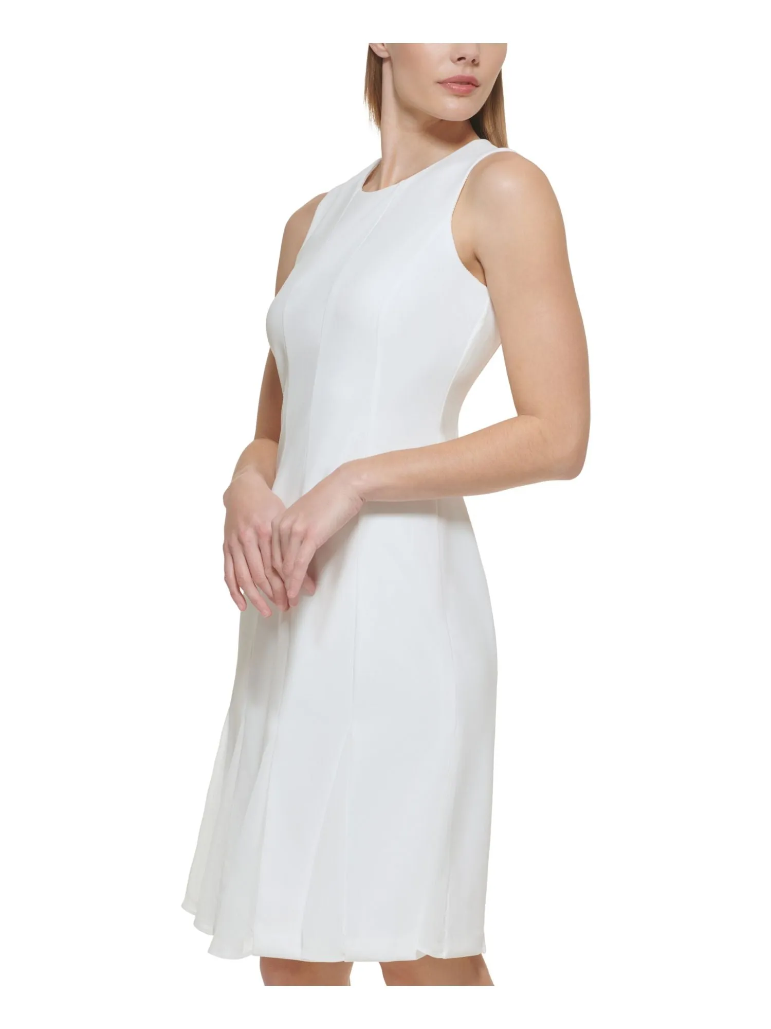 CALVIN KLEIN Womens Ivory Zippered Chiffon Godet Skirt Insets Lined Sleeveless Round Neck Above The Knee Sheath Dress