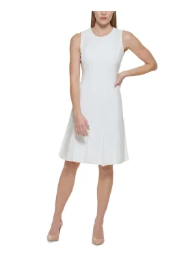 CALVIN KLEIN Womens Ivory Zippered Chiffon Godet Skirt Insets Lined Sleeveless Round Neck Above The Knee Sheath Dress