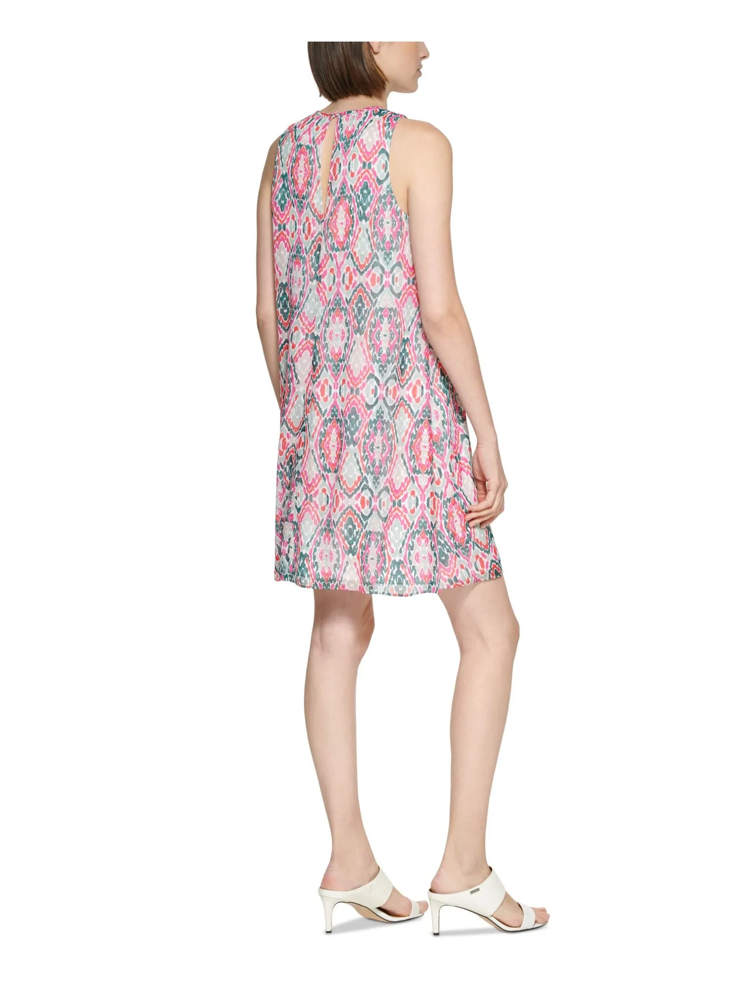 CALVIN KLEIN Womens Printed Sleeveless Round Neck Above The Knee Shift Dress