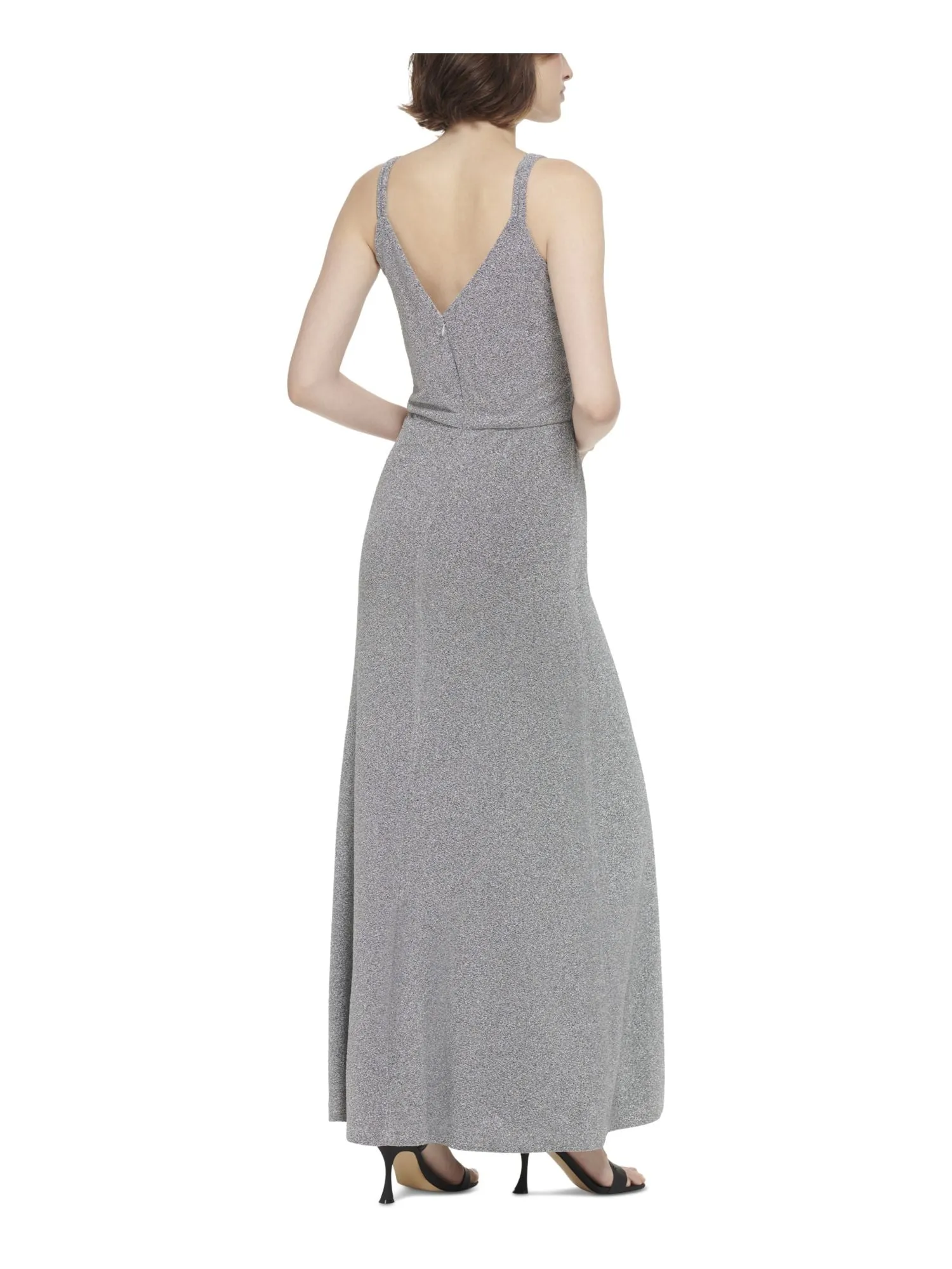 CALVIN KLEIN Womens Silver Zippered Lined Ring-embellished Straps Sleeveless V Neck Full-Length Evening Blouson Dress