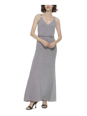 CALVIN KLEIN Womens Silver Zippered Lined Ring-embellished Straps Sleeveless V Neck Full-Length Evening Blouson Dress