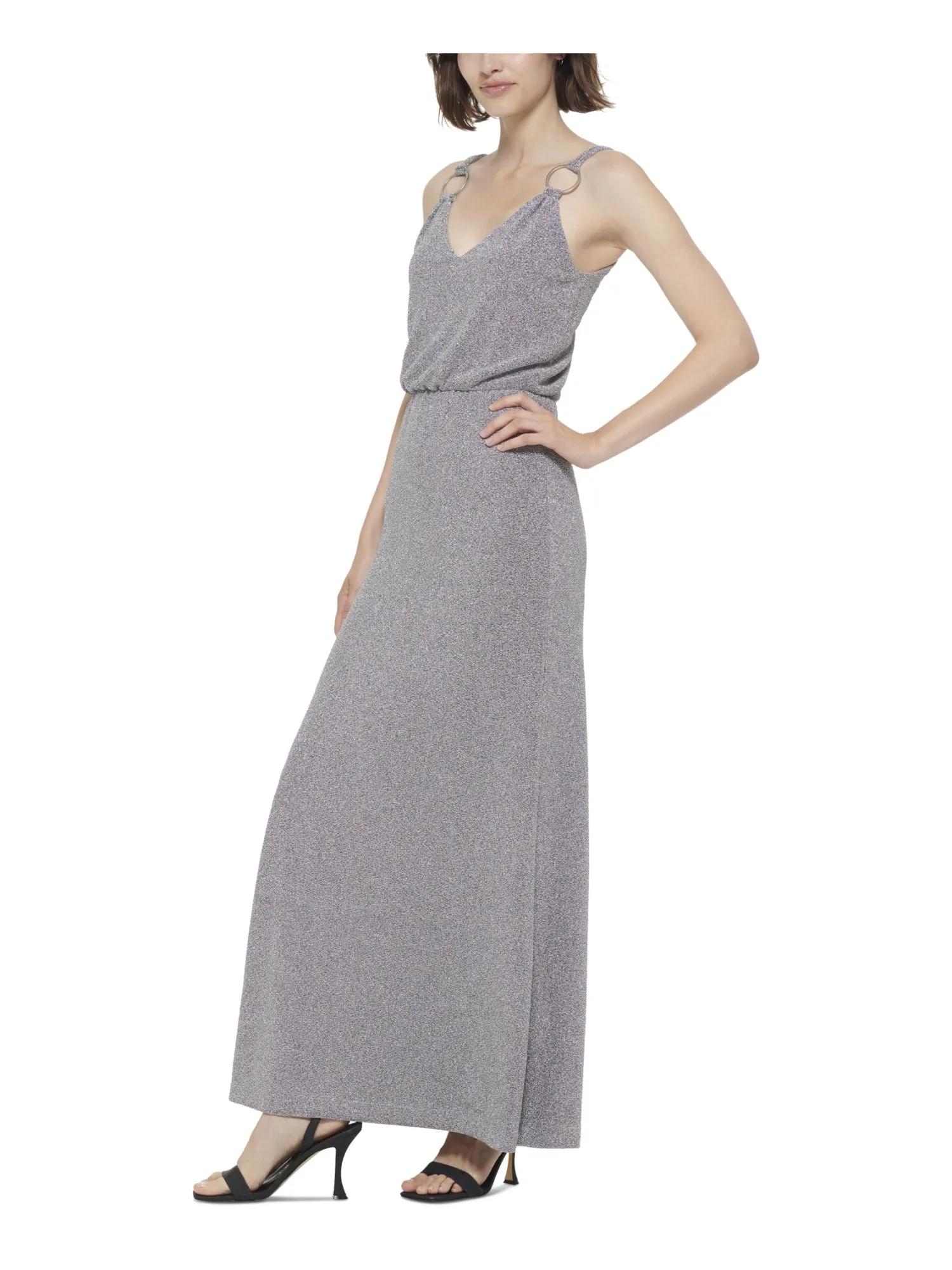 CALVIN KLEIN Womens Silver Zippered Lined Ring-embellished Straps Sleeveless V Neck Full-Length Evening Blouson Dress