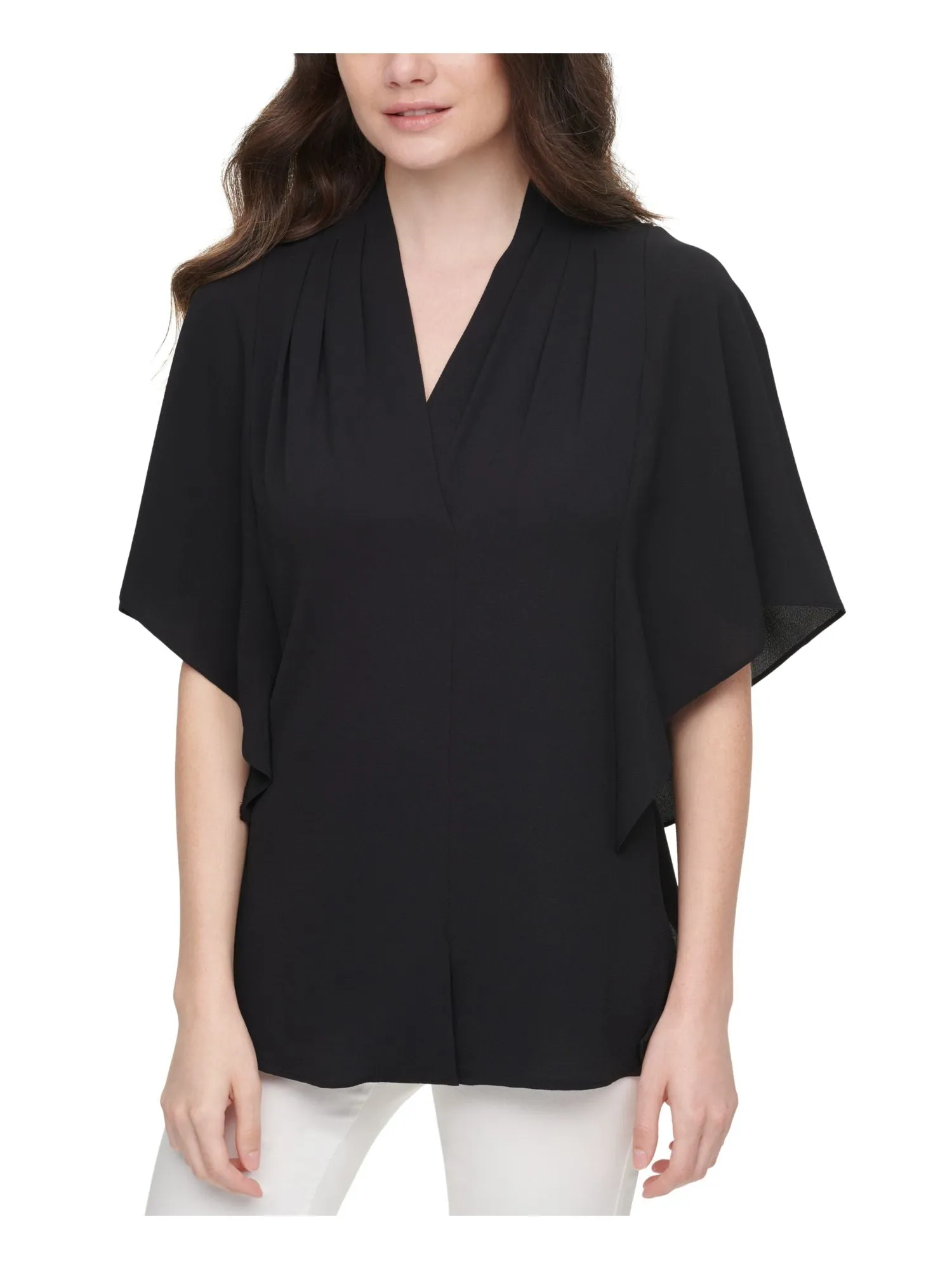 CALVIN KLEIN Womens Stretch Pleated Flutter Sleeve Wear To Work Top