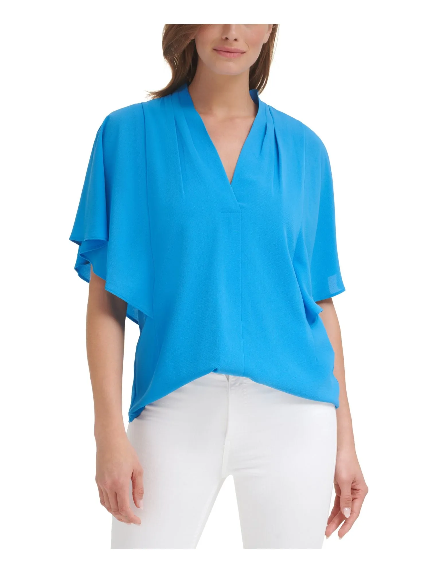 CALVIN KLEIN Womens Stretch Pleated Flutter Sleeve Wear To Work Top