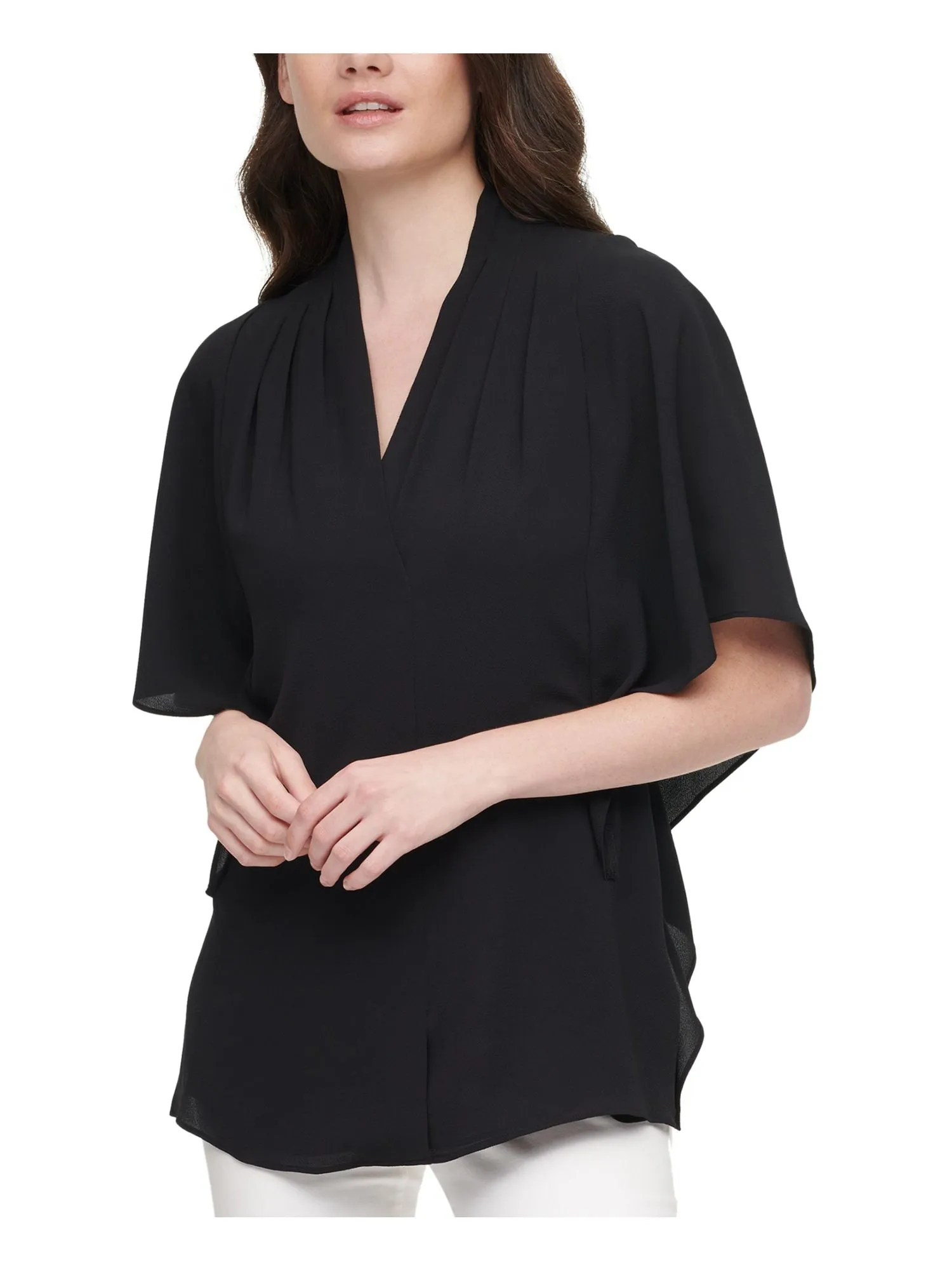 CALVIN KLEIN Womens Stretch Pleated Flutter Sleeve Wear To Work Top