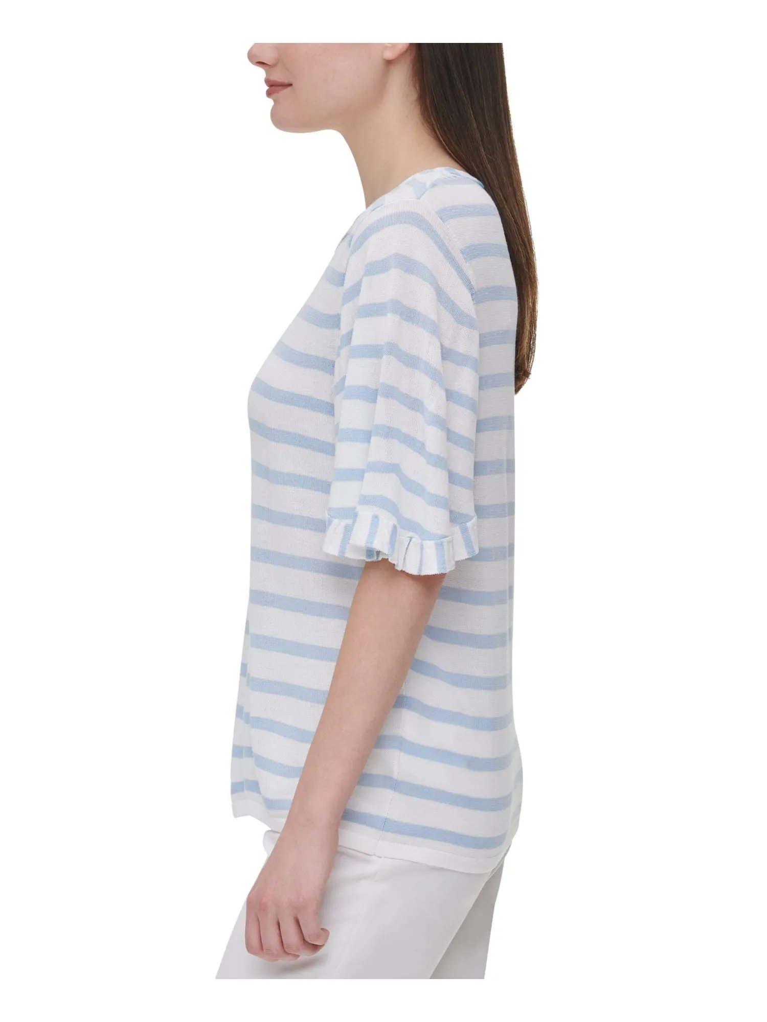 CALVIN KLEIN Womens Striped Short Sleeve Jewel Neck Top