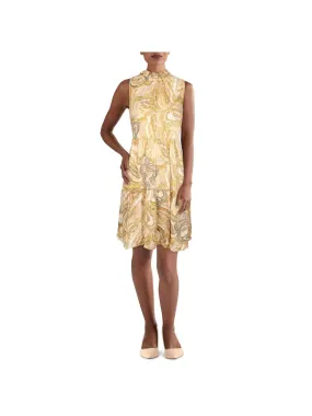 CALVIN KLEIN Womens Yellow Ruffled Unlined Keyhole Back Tiered Paisley Sleeveless Mock Neck Above The Knee Shift Dress