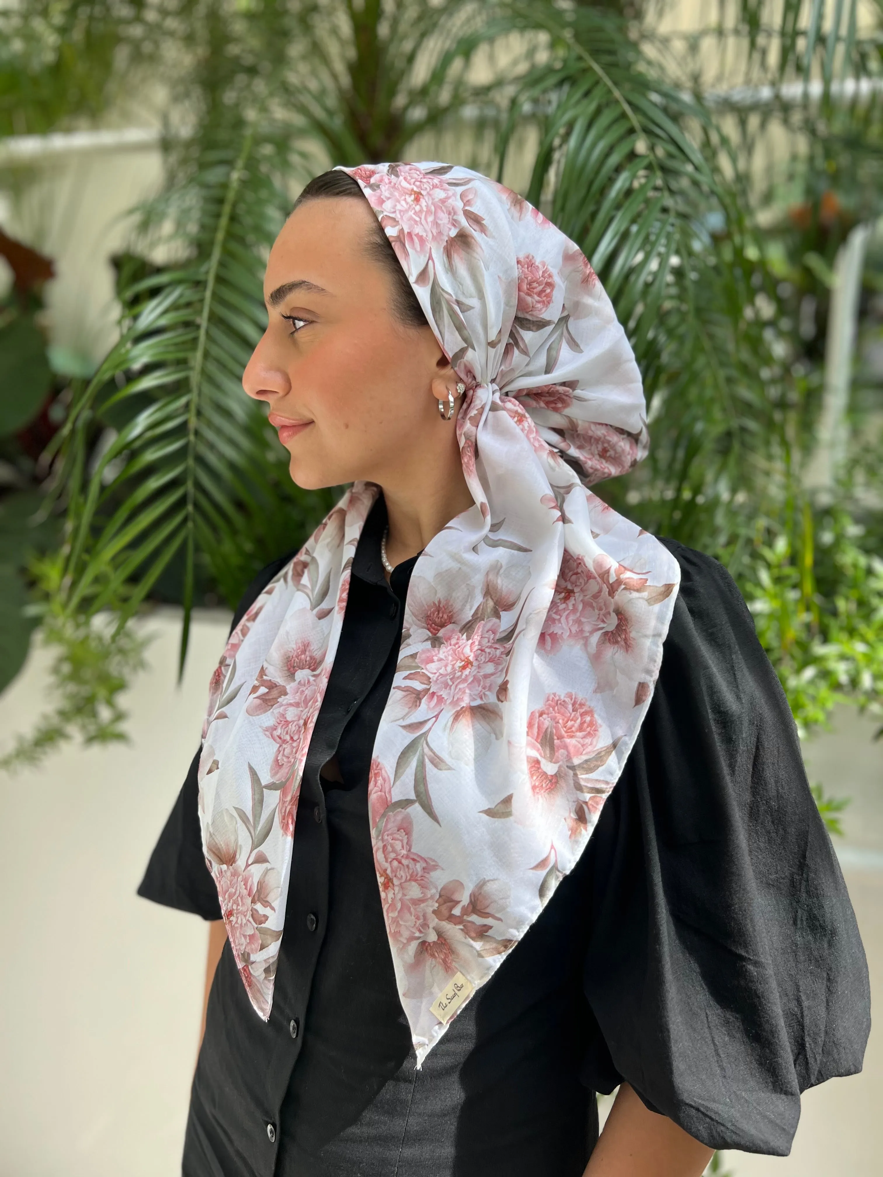 CLASSIC PRETIED Peonies Floral Head Scarf (WITH VELVET GRIP)