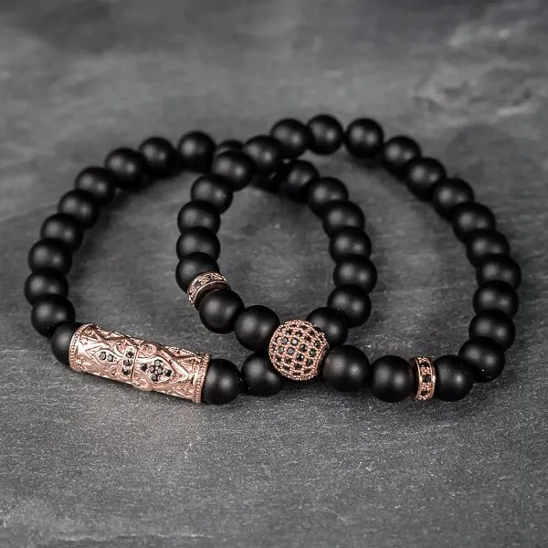 Classy Men Rose Gold Matte Black Bracelet Set