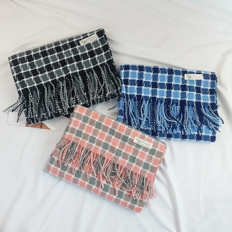 Contrast Color Plaid Imitated Cashmere Tassled  Shawl Scarf