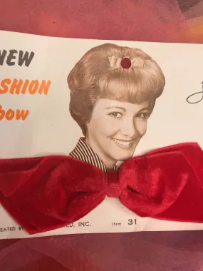 Deadstock 60s Vintage 1965 | Red Velvet Hair Bow Barrette GoGo Mod Midcentury