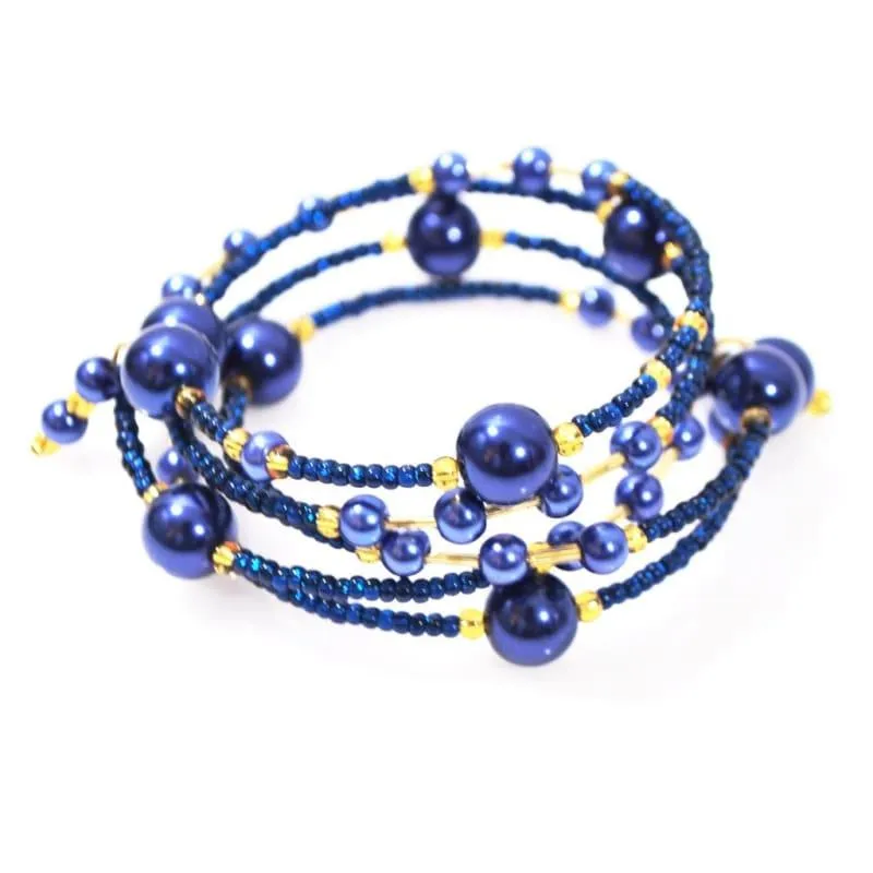 Elegant Blue Glass Pearls / Sapphire And Gold Ascent Wrap Around Bracelets