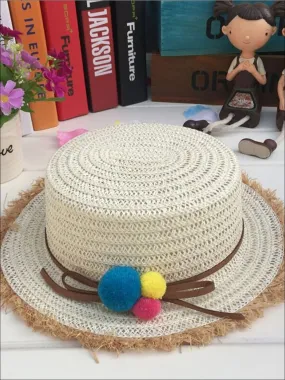 Girls Leather Banded Rainbow Pom Pom Embellished Straw Hat