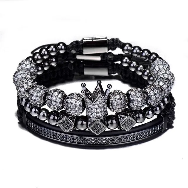 Hip Hop Gold Crown Bracelets Cubic Micro Pave CZ Ball Charm