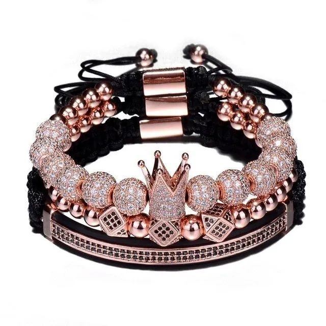 Hip Hop Gold Crown Bracelets Cubic Micro Pave CZ Ball Charm