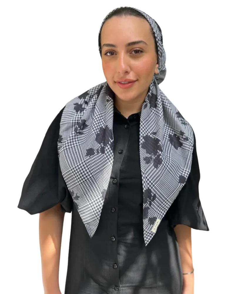 Houndstooth Floral Classic Pre-Tied Bandanna with Velvet Grip