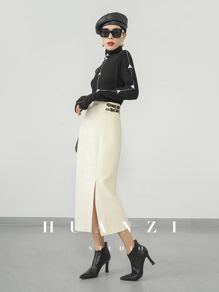 Huanzi  new French velvet fashionable high waist slim and small slit skirt female- Elvin