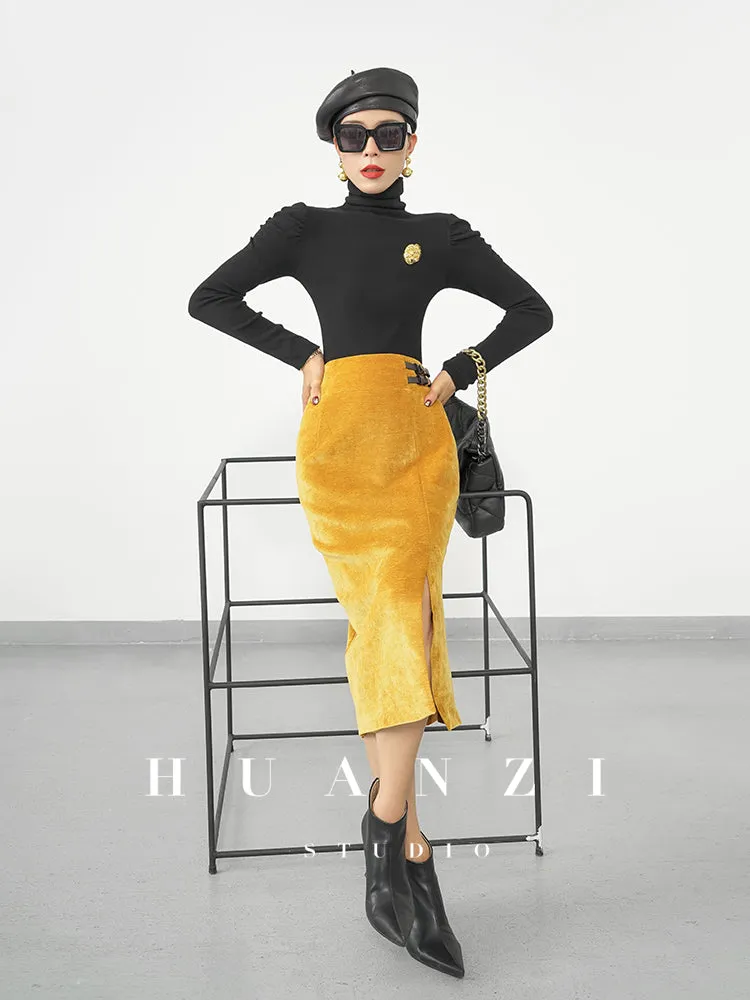 Huanzi  new French velvet fashionable high waist slim and small slit skirt female- Elvin