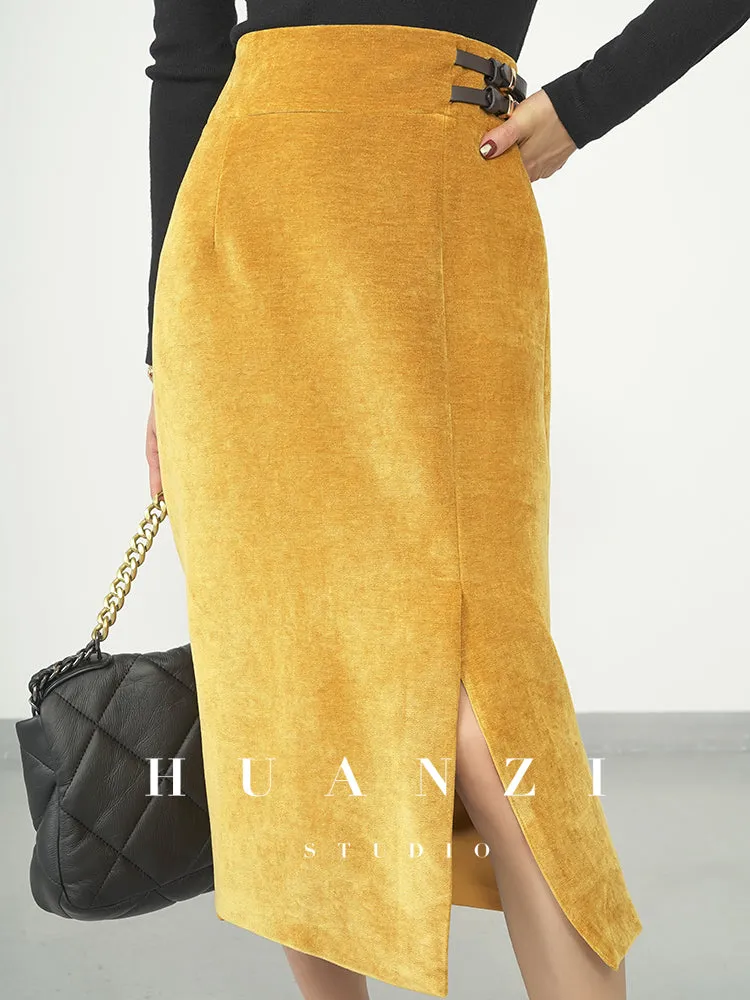 Huanzi  new French velvet fashionable high waist slim and small slit skirt female- Elvin