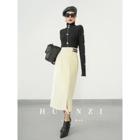 Huanzi  new French velvet fashionable high waist slim and small slit skirt female- Elvin