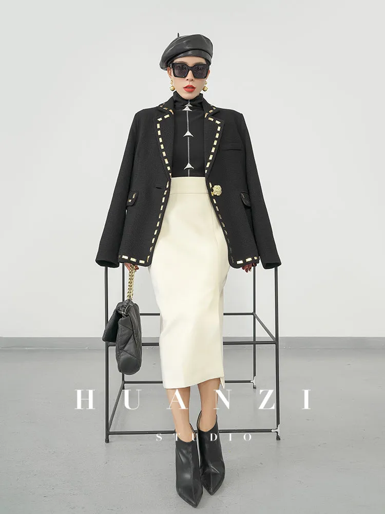 Huanzi  new French velvet fashionable high waist slim and small slit skirt female- Elvin