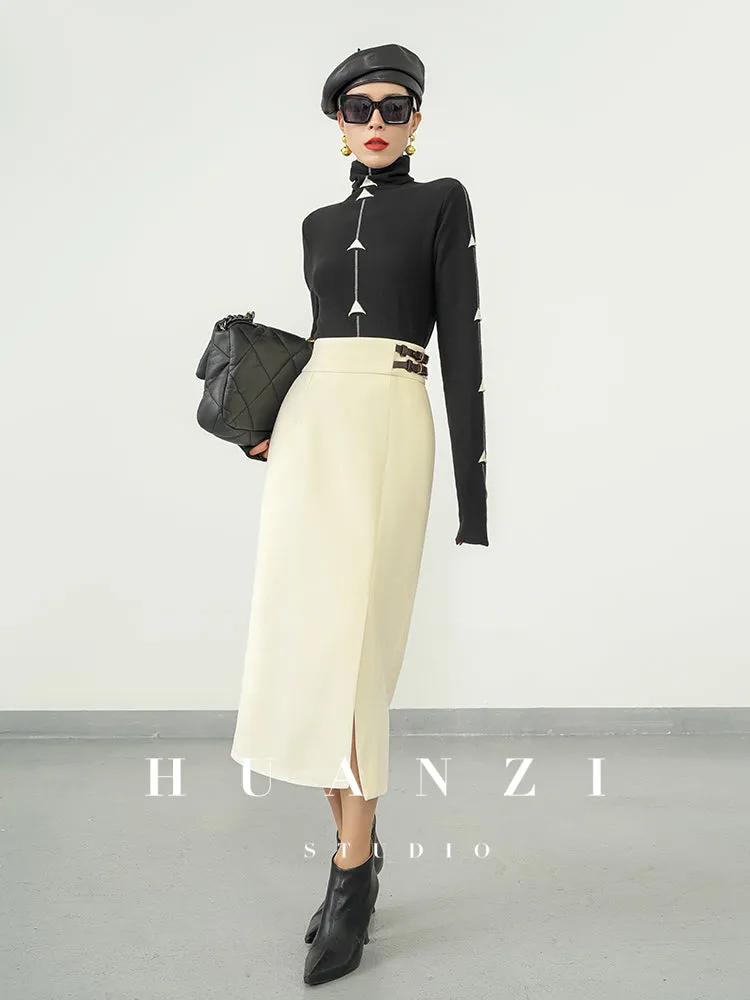 Huanzi  new French velvet fashionable high waist slim and small slit skirt female- Elvin