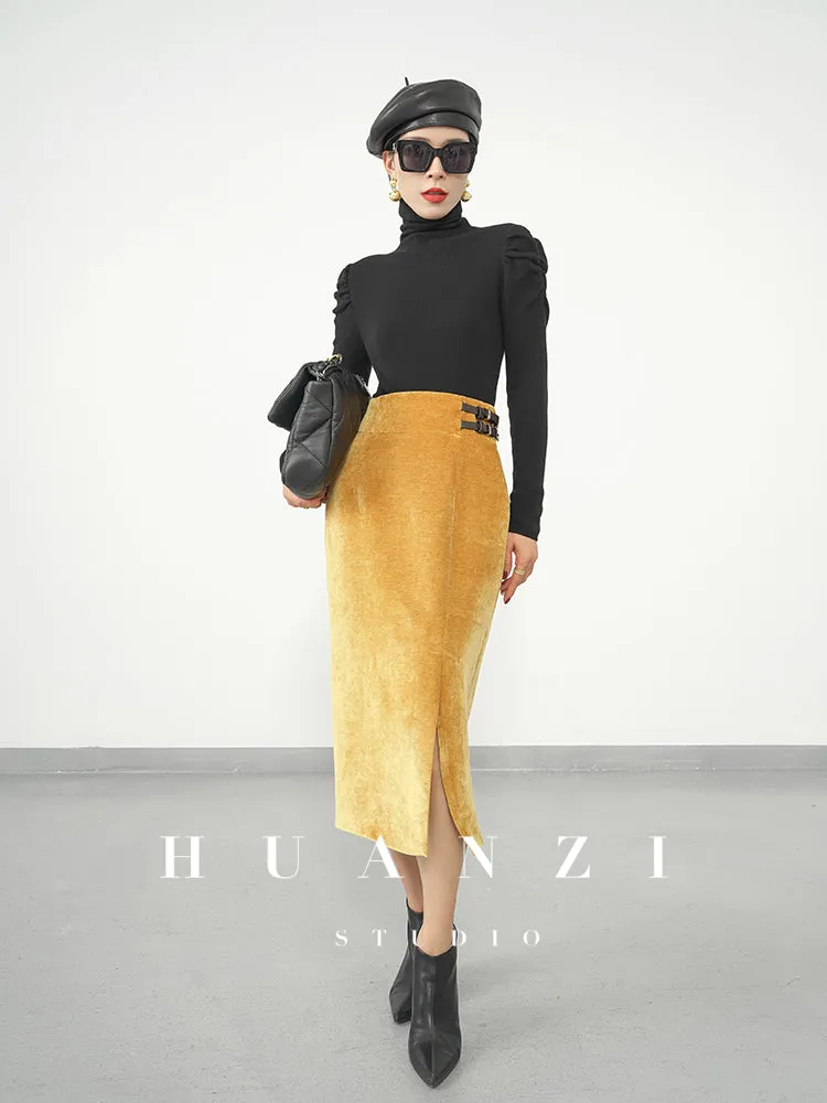 Huanzi  new French velvet fashionable high waist slim and small slit skirt female- Elvin