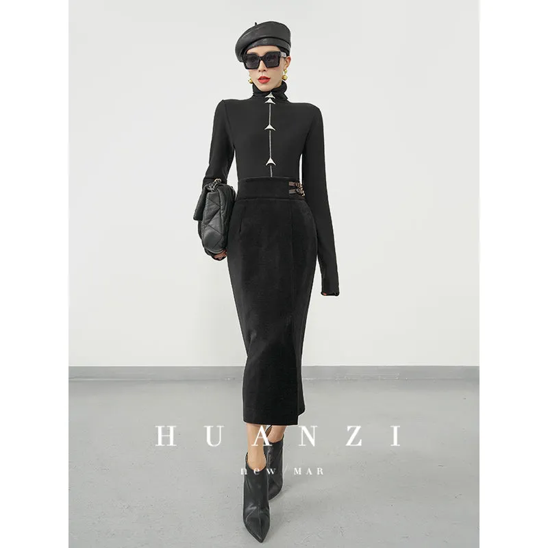 Huanzi  new French velvet fashionable high waist slim and small slit skirt female- Elvin