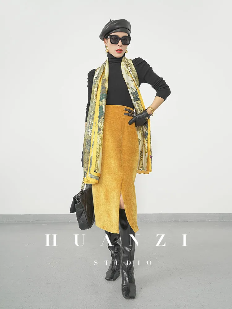 Huanzi  new French velvet fashionable high waist slim and small slit skirt female- Elvin