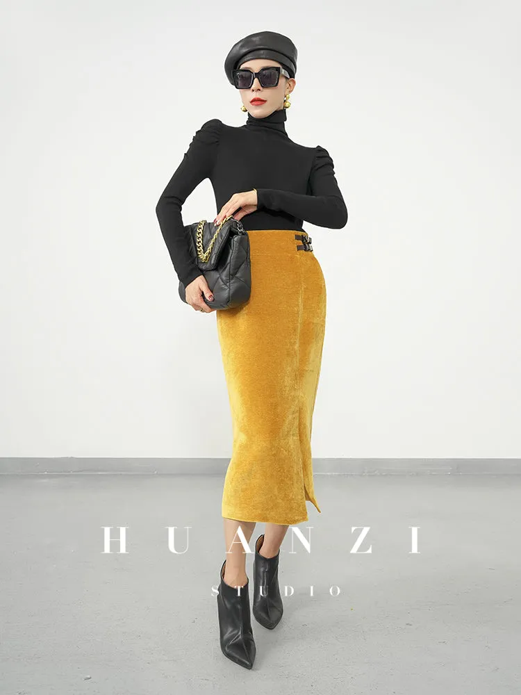 Huanzi  new French velvet fashionable high waist slim and small slit skirt female- Elvin