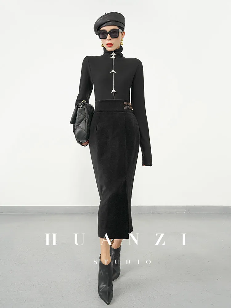 Huanzi  new French velvet fashionable high waist slim and small slit skirt female- Elvin