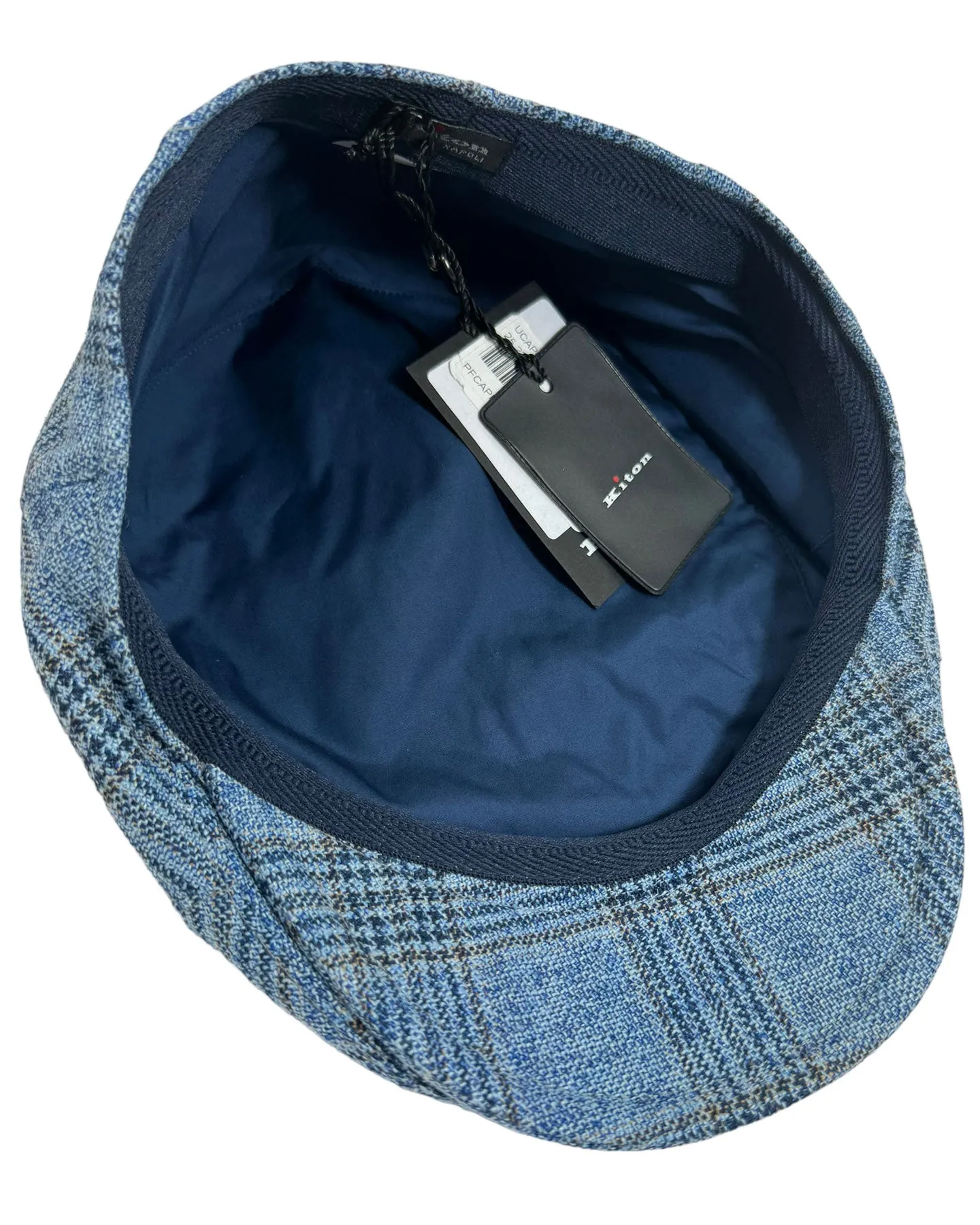 Kiton Flat Cap Cashmere Wool Blue Black Plaid Newsboy Hat