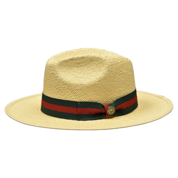 Natural Men's Straw Fedora Hat Flat Wide Brim Red and Green Band Ventino Collection