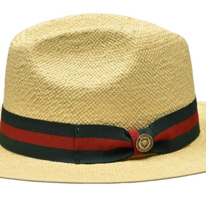 Natural Men's Straw Fedora Hat Flat Wide Brim Red and Green Band Ventino Collection