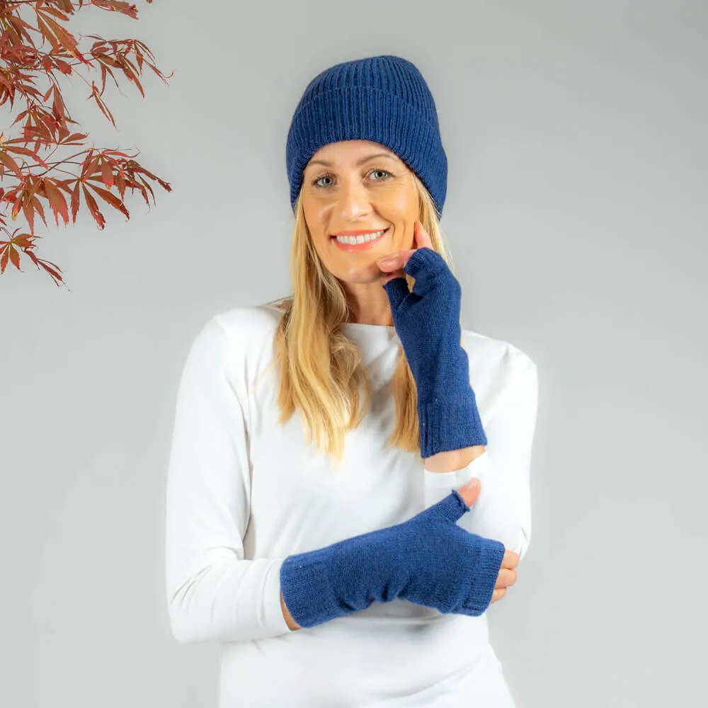 Navy Cashmere Beanie and Mittens Set