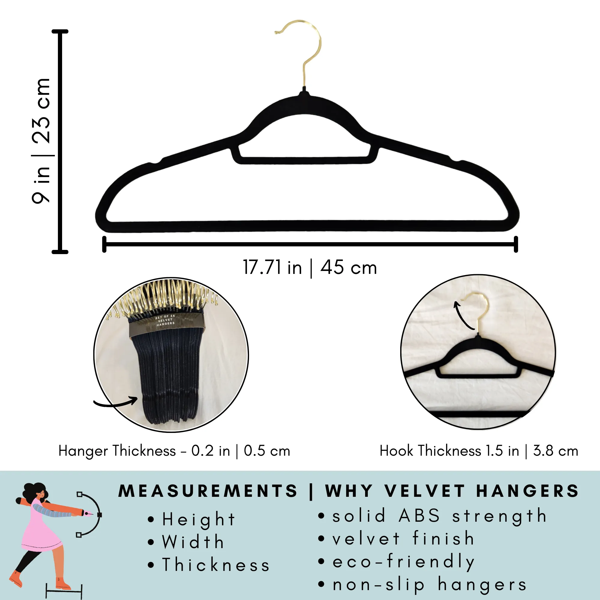 Velvet Suit Hangers with Gold Hooks, Set of 25 (Black)